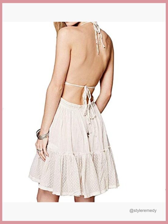 Polyester Mesh Deep V Neck Backless Mini Dress Bohemian Beach - Picture 3 of 7